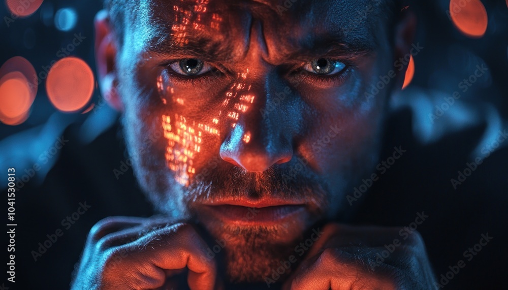 Poster Close-up Portrait of a Man with Red Digital Code Projected on His Face