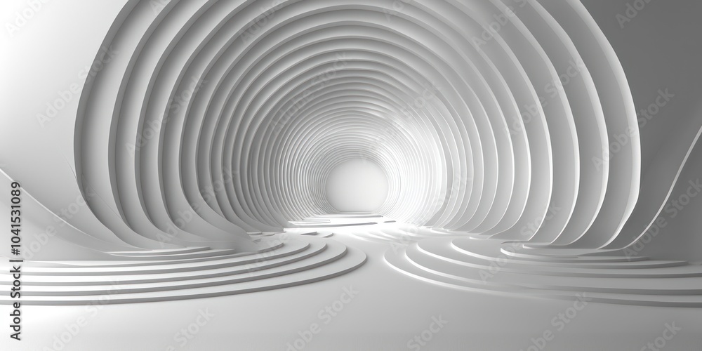 Poster abstract white curved tunnel with a circular light at the end