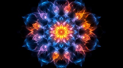 A mesmerizing abstract mandala composed of vibrant swirling colors like orange, blue, and purple creates a captivating focal point in the center against a black backdrop.