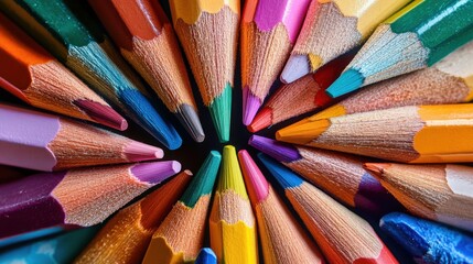 A surface completely packed with colored pencils arranged in a radial pattern, their sharpened tips forming a vibrant, creative display across the whole frame.