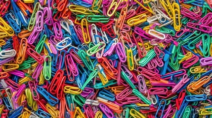 A seamless spread of colorful paper clips and office supplies, tightly arranged to fill the entire frame with vibrant hues and a playful, organized texture.