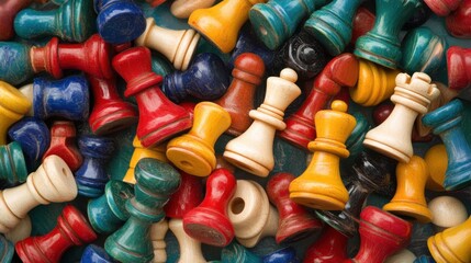 A surface densely covered with colorful chess pieces, filling every inch of the frame with a strategic and vibrant texture.