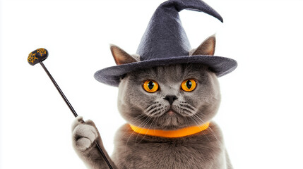 Fototapeta premium halloween cat with hat, magical cat, wizard, British Shorthair wearing a wizard hat, cat holding a magic wand, fantasy, magic