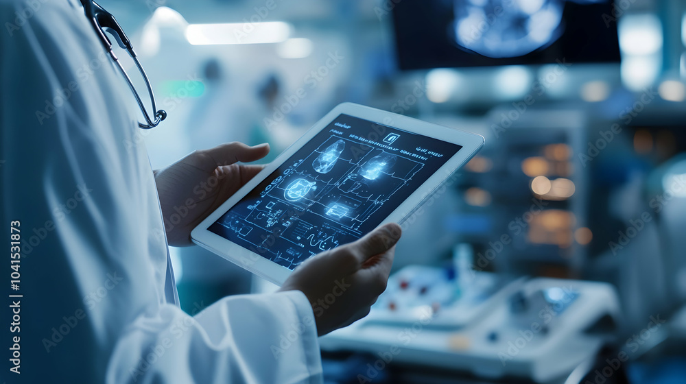 Poster doctor using a tablet with a digital interface to represent advanced medical technology -