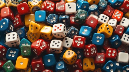 A seamless spread of playing dice from board games, tightly arranged to fill the entire frame with their numerical texture and bright, bold colors.