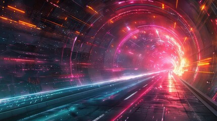 Fototapeta premium Neon Light Tunnel, Vibrant colors, Futuristic passage, Energy lines, Sci-fi aesthetic, Dynamic digital landscape