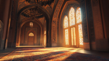 Obraz premium An intricate Persian mosque interior, featuring detailed tilework and patterns illuminated by natural light from the windows. v2