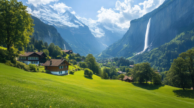 A beautiful mountain landscape with a small village in the foreground. The houses are made of wood and are surrounded by a lush green field. The scene is peaceful and serene