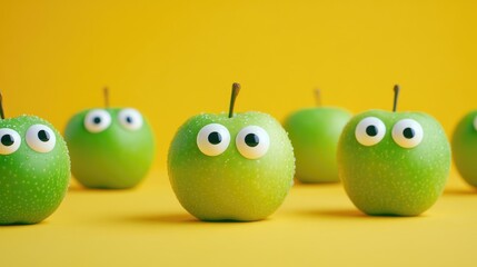 Green apples with playful googly eyes set against a vibrant yellow backdrop