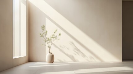 A minimalist brand identity poster template features a serene interior bathed in soft sunlight emphasizing simplicity and elegance