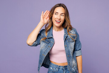 Young curious nosy woman she wear denim jacket violet top casual clothes try to hear you overhear...