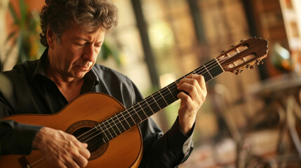 Fototapeta premium Guitar player performing in a cozy indoor space, showcasing deep focus and musical passion during an intimate moment