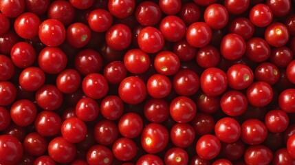 A spread of vibrant cherry tomatoes, filling the entire view with their bright red color and smooth round surfaces.