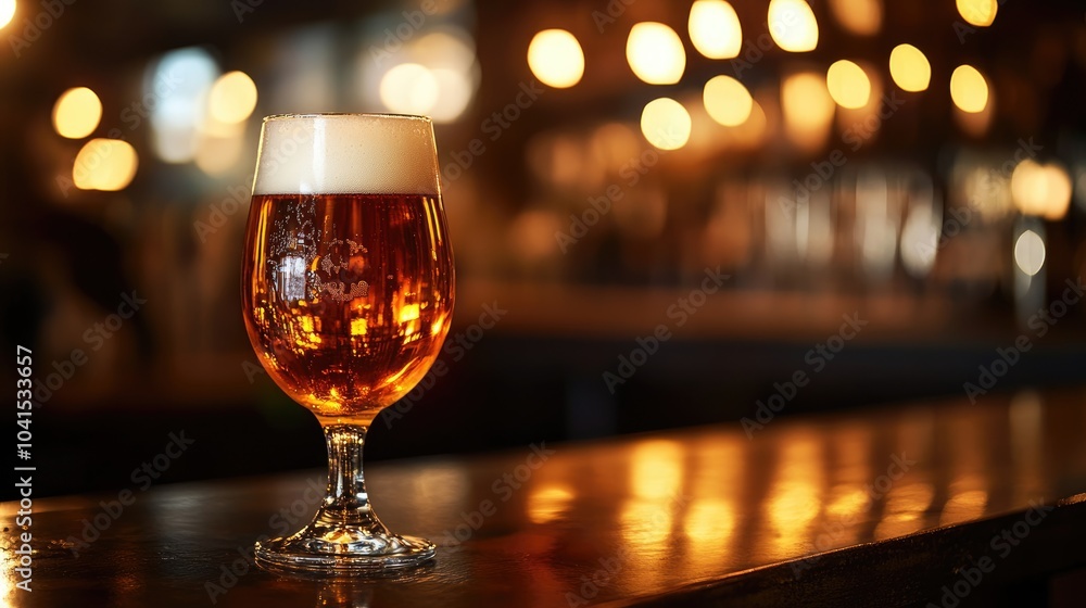 Poster snifter glass featuring light beer on a bar table in a dimly lit setting with ample copy space