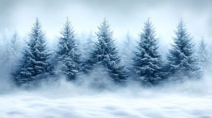 Fototapeta premium A peaceful winter forest with snow-covered trees, a soft watercolor style creating a serene winter background, snow gently falling over the scene