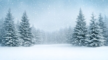 Fototapeta premium Papercut style winter background featuring tall evergreen trees, a snowy forest floor, and a soft sky filled with snowflakes