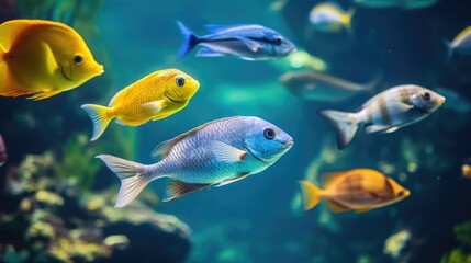 Fototapeta premium Diverse group of fish swimming together captured in an underwater scene from a low angle