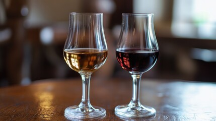 Glasses filled with white and ruby port wine