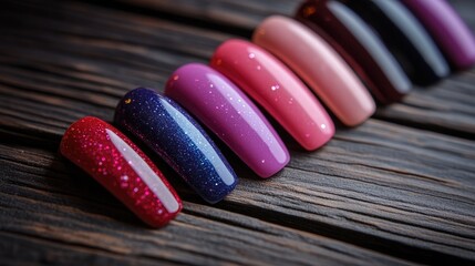 Manicure nail color designs showcased on a dark wooden surface Handmade nail art samples ideal for beauty salons Close up view with selective focus on design templates
