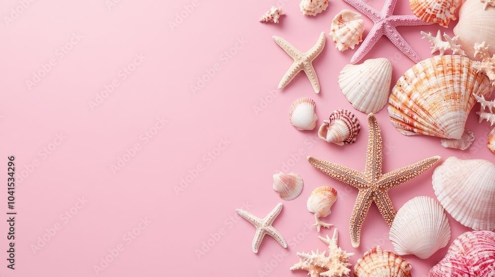 Poster top view of seashells and starfish arranged on a pink background ideal for marine themed banners wit