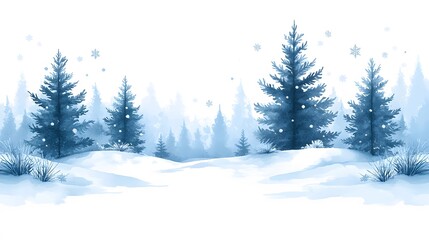 Fototapeta premium A snowy winter forest with tall evergreens in a soft watercolor style, snowflakes floating in the air, creating a calming winter background