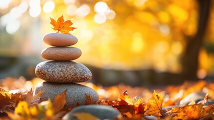 Stacked stones symbolizing balance of mind soul and spirit Focus on mental well being and yoga infused with the essence of autumn