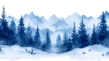 Fototapeta premium Watercolor landscape of a winter forest with misty trees, soft snowfall, and a peaceful atmosphere, ideal for a winter background