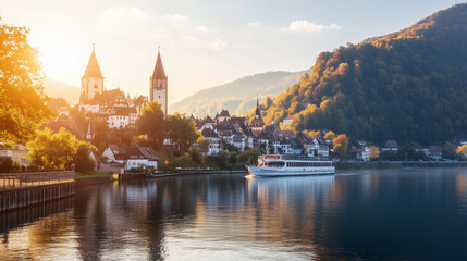 Naklejka premium A large cruise ship is sailing on a river near a town. The sun is shining brightly, creating a warm and inviting atmosphere. The boat is surrounded by trees and houses, giving the scene a peaceful