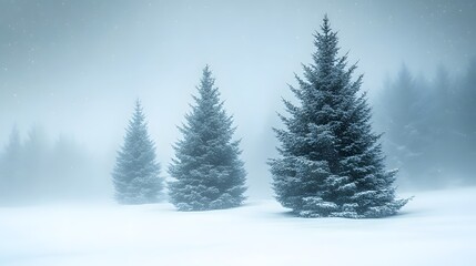 Obraz premium A snowy winter forest with tall evergreens in a soft watercolor style, snowflakes floating in the air, creating a calming winter background