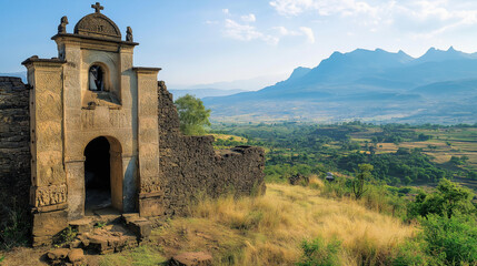 A traditional Ethiopian Orthodox church in the highlands, featuring intricate stone carvings on the walls. v3