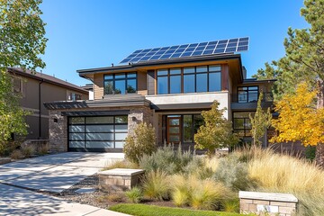 Modern Solar Panels Installed on a Denver Colorado Home Under Clear Blue Sunny Sky, Solar Photography, Solar Powered Clean Energy, Sustainable Resources, Electricity Source