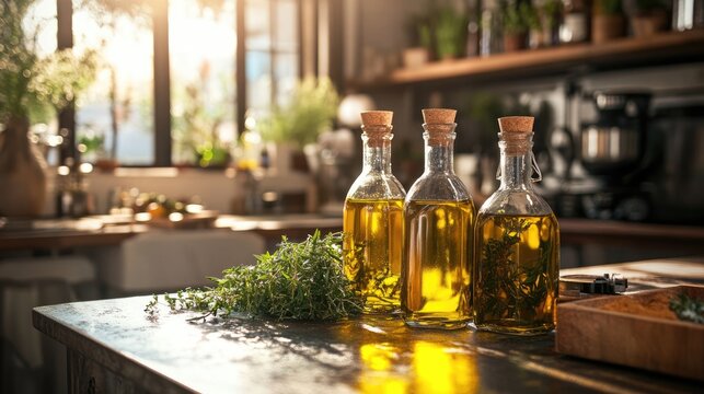 Olive oil bottles adorned with herbs and spices on a rustic kitchen counter showcase an elegant charm perfect for food blogs recipe collections and culinary classes
