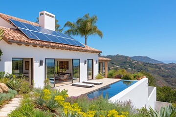 Fototapeta premium Modern Solar Panels Installed on a Hollywood Hills California Home Under Clear Blue Sunny Sky, Solar Photography, Solar Powered Clean Energy, Sustainable Resources, Electricity Source
