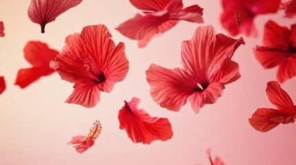 Macro shot of bright red hibiscus petals falling against a pastel pink background, evoking a lively and tropical summer vibe.