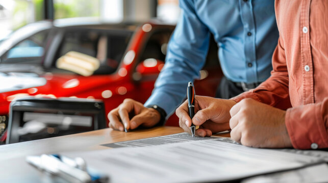 Signing paperwork for a new car at a dealership during the day, with two people discussing terms and conditions