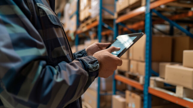 Warehouse worker reviewing package details on a tablet while standing between storage shelves in the afternoon light