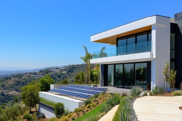 Fototapeta premium Modern Solar Panels Installed on a Hollywood Hills California Home Under Clear Blue Sunny Sky, Solar Photography, Solar Powered Clean Energy, Sustainable Resources, Electricity Source