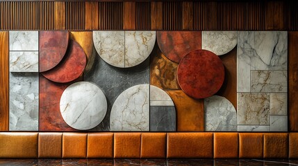 Closeup view of an artistic wall featuring a patchwork of wooden panels and delicate marble inlays creating a textural feast for the eyes in a chic contemporary setting
