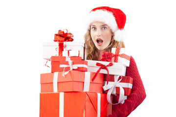 Amazed woman holding many red Christmas present gift boxes while wearing Santa hat, isolated on white background. Perfect for sale offer holiday promotions, online shopping adv banner, or gift card