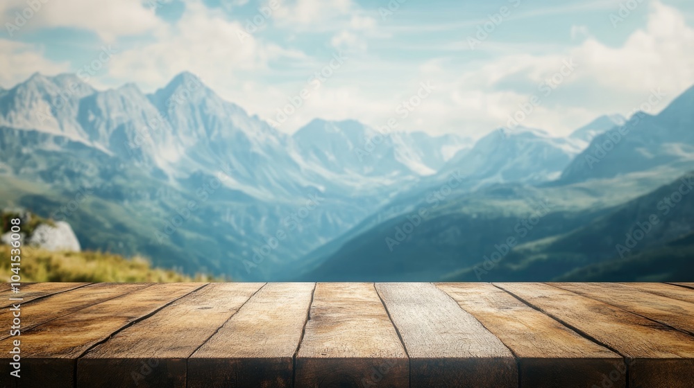 Poster wooden table with a bokeh background featuring mountains offering an empty surface for product displ