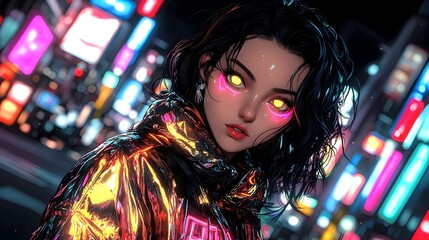 Fototapeta premium Anime Protagonist in Vibrant Neon Metropolis Landscape