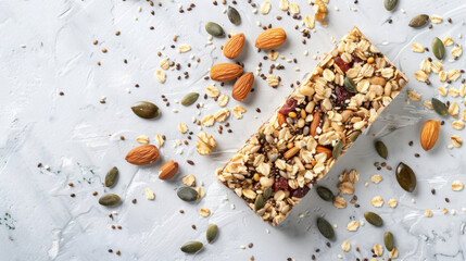 Nut and seed energy bar on a clean surface surrounded by scattered ingredients in a well-lit kitchen setting