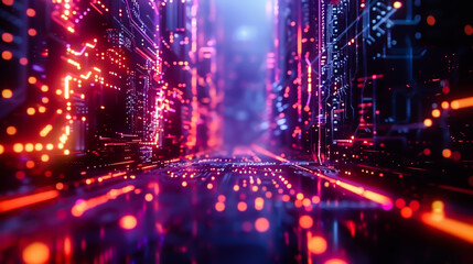 Fototapeta premium A vibrant 4K digital background featuring neon-like pink, purple, and red lights, blended with a grainy texture. Ideal for dynamic tech-themed wallpapers, banners, and templates