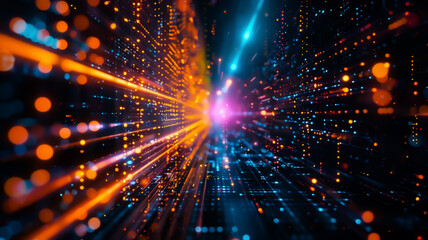 Naklejka premium A stunning 4K abstract digital artwork with vibrant orange, blue, and pink light streaks, blending in a dynamic burst of energy, perfect for futuristic backgrounds and creative designs