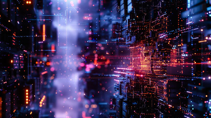 Fototapeta premium A futuristic 4K abstract background with glowing orange, pink, and blue circuitry patterns, featuring a grainy texture and blurred elements for a modern tech design