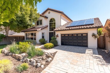 Modern Solar Panels Installed on a Sacramento California Home Under Clear Blue Sunny Sky, Solar Photography, Solar Powered Clean Energy, Sustainable Resources, Electricity Source