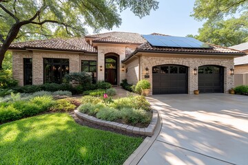 Modern Solar Panels Installed on a San Antonio Texas Home Under Clear Blue Sunny Sky, Solar Photography, Solar Powered Clean Energy, Sustainable Resources, Electricity Source