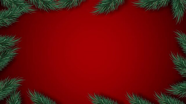 Red Christmas background with green pine tree leaves at border and empty space in the middle, motion graphic design