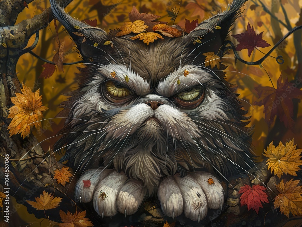 Sticker Grumpy Cat in Autumn Leaves - A Digital Painting