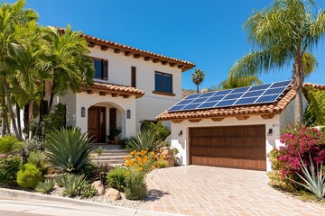 Modern Solar Panels Installed on a San Diego California Home Under Clear Blue Sunny Sky, Solar Photography, Solar Powered Clean Energy, Sustainable Resources, Electricity Source